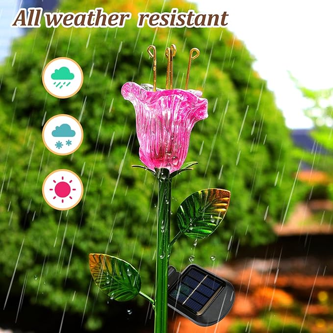 Outdoor Decorative Flowers 2 Pack, Waterproof Pink Glass Lily Flower Lights, Auto ON/Off Solar Decorative Lights for Garden, Patio, Backyard