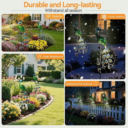 Solar Peacock Garden Stake Lights Outdoor, Waterproof Metal Glass Decorative Landscape Path Lights with Thick Stake Glow in The Dark Eye for Pathway Patio Lawn Yard