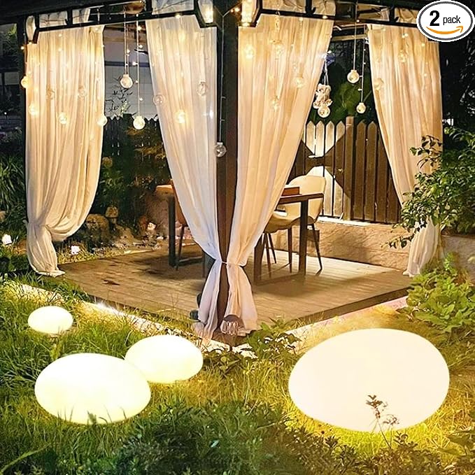 Solar Lights, Pebbles, Outdoor Waterproof Landscape Night Lights for Garden Paths, Stairs, Lawns, Patios, Yard Party Decorations, 2 Pack (Warm Light)