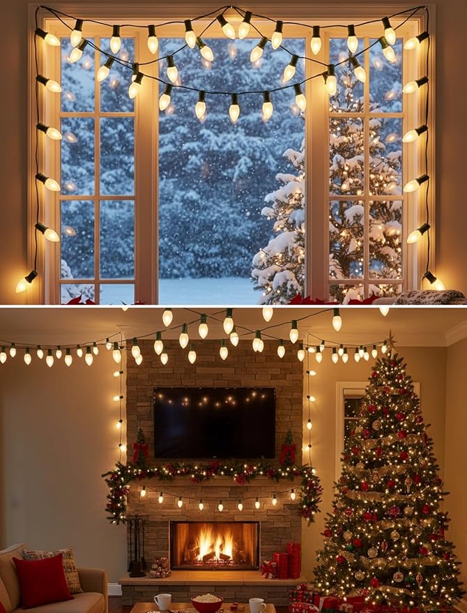 25FT C7 LED Christmas Lights,Frosted White LED C7 Christmas String Lights with 27 LED Bulbs,Commercial Hanging Lights Candle House Porch Balcony Party Decor