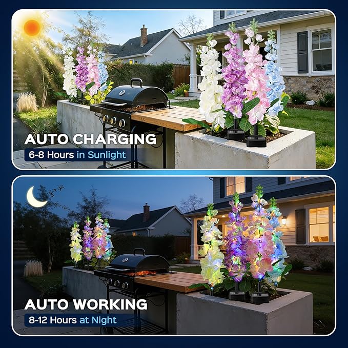 4 Pack Solar Garden Lights Outdoor, LED Colorful Waterproof Solar Powered Hyacinth Flowers Landscape Lights for Patio, Outside Yard, Pathway Decorative, Décor, Gifts, Two Lighting Modes