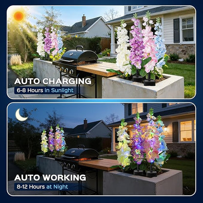 4 Pack Solar Garden Lights Outdoor, LED Colorful Waterproof Solar Powered Hyacinth Flowers Landscape Lights for Patio, Outside Yard, Pathway Decorative, Décor, Gifts, Two Lighting Modes