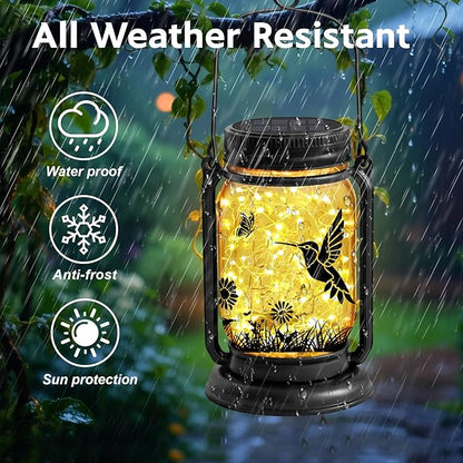 Hummingbird Solar Lanterns 3-in-1 Outdoor Waterproof - Birthday Gifts for Women Mom Christmas, Mason Jar Hanging Lanterns with Stake, Garden Decor Lights for Patio Yard Balcony Decorations, 2 Pack