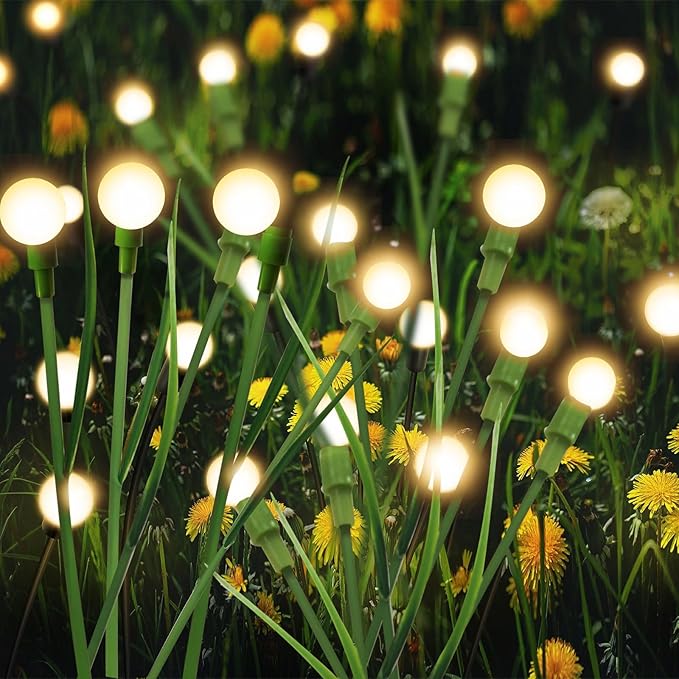 Firefly Lights Solar Outdoor Green Stem Twinkle,Swaying Garden Lights with Leaves,Landscape Path Light,Weatherproof Flickering Bubble Path Décor for Yard Patio Pathway Decoration Warm White(2 Pack)