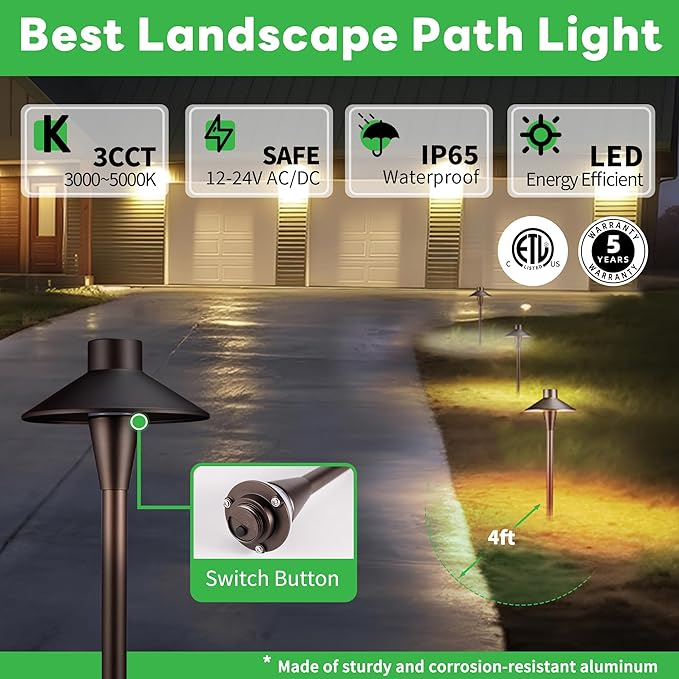 Low Voltage Pathway Lights, 3CCT LED Landscape Path Lights, Outdoor Waterproof IP65, Wired ORB Aluminum 5W 150LM | Lumora