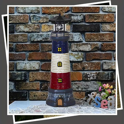 Solar Lighthouse Garden Outdoor Statues, Waterproof Lawn Lights Decor; Automatic Rotating Solar Lights for Yard, Patio, Ground, Tabletop Decoration; Unique Housewarming Gifts - Black