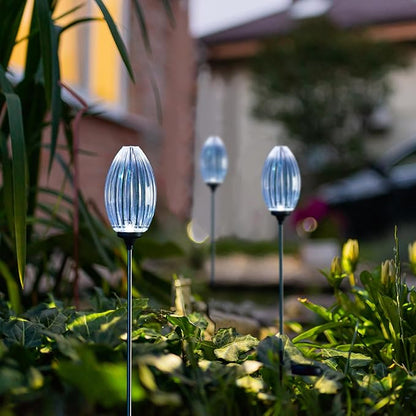 Glitzhome Solar Lights Outdoor 3 Pack Solar Oval Flower Stake Lights with Stainless Steel Pole for Garden Deck Patio Landscape Decorating