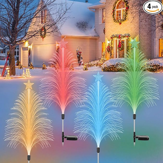 4 Pack Solar Christmas Decorations Tree Lights, Upgraded Outdoor Solar Stake Decorative Lights Xmas Tree with 7 Color Changing,IP65 Waterproof & Auto ON/Off,for Garden Pathway Lawn Patio Porch