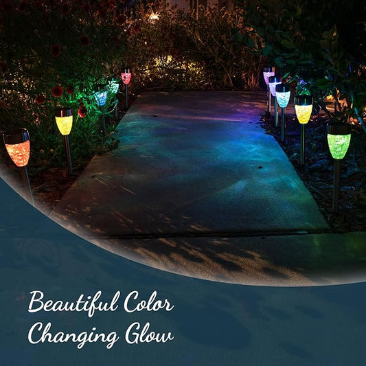Morvat LED Auto Solar Powered Color Changing Stainless Steel Path Lights for Outdoor Garden Yard Walkway & Pathway, Bright Colored Waterproof Landscape & Patio Colorful Lighting, Dusk to Dawn, 16 Pack