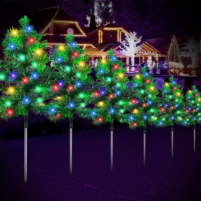 Christmas Decorations Outdoor 6-Pack Solar Christmas Tree with 8 Lighting Modes 120 Multi-Color Lights for House Outside Pathway Yard Garden Walkway Lawn Patio Front Porch Door