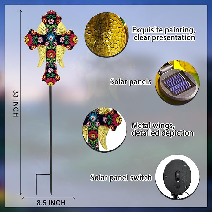 Solar Cross Lights with Angel Wings, Pink and Gold Floral Design, Memorial Garden Stake, Warm White LED, Weather Resistant, 36 Inch