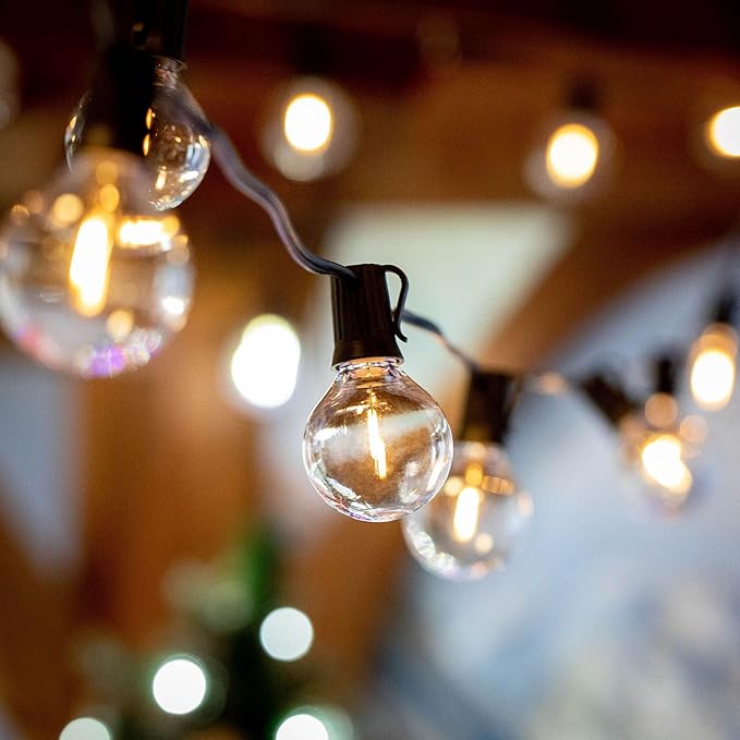 Novelty Lights 50 Feet G40 LED Patio String Light Set with 50 Bulbs, Warm White, Weather Resistant and Shatterproof Replaceable Plastic Globe Bulbs, Black Wire