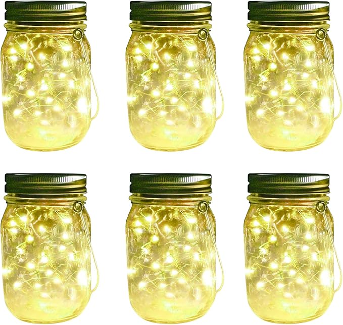 CANDLE CHOICE Solar Powered Mason Jar Lights Outdoor Waterproof 30 Mini Warm White LED Fairy Starry Firefly Lanterns Garden Table Patio Backyard Tree Lawn Porch Wedding Christmas Decorations 6 Pack
