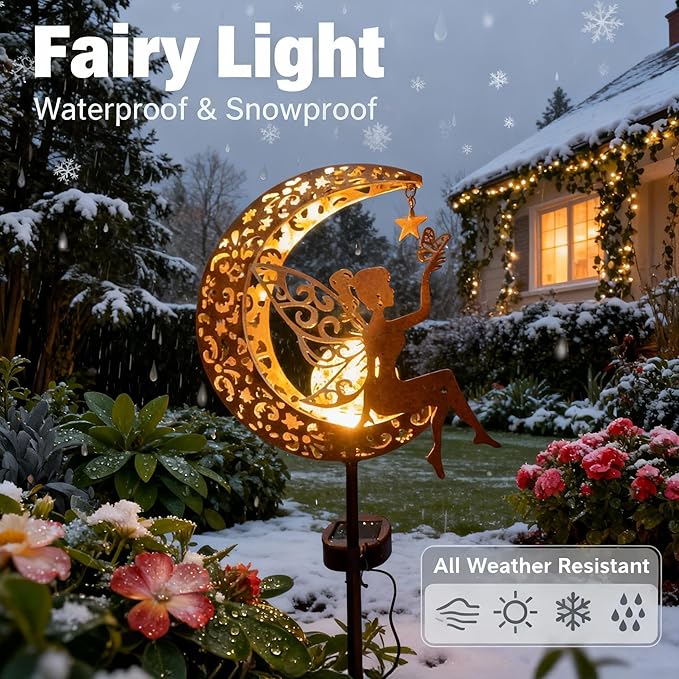 Solar Moon Stake Light, Fairy Garden Sculpture, Outdoor Waterproof Yard Art for Patio Lawn Decor, Mother's Day Spring Easter Gifts for Mom Grandma Women, Housewarming House Gift, Easy Install