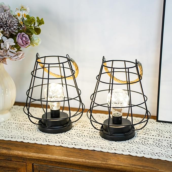 JHY DESIGN Set of 2 Cage Bulb Lantern Decorative Table Lamps 8.5" H Battery Powered Cordless Lights with Warm White | Lumora