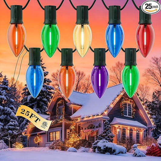 Kawaya Outdoor Christmas C9 LED Clear Tree Lights, 25ft 25 Bulbs Multi Colored Decoration, IP65 Commercial Waterproof Xmas String for Outside Roof House Walkway