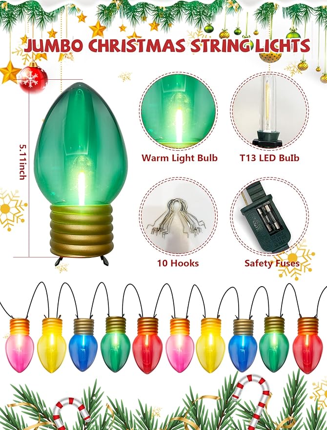 16Ft Jumbo LED Multicolor Valentine's Day String Lights Outdoor with 10 T13 LED Bulb, Clear Multicolor Hanging | Lumora