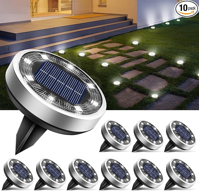 btfarm 10 Pack Solar Lights Outdoor, 8 LED Solar Ground Lights IP65 Waterproof Flat Solar Disc Light, Pathway | Lumora