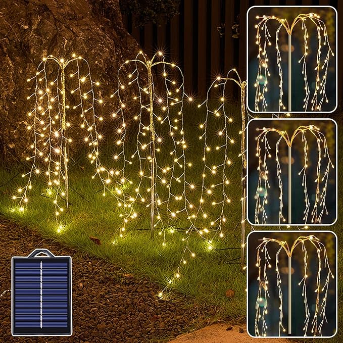 Outdoor Solar Garden Lights, 300 LED Multicolor Fairy Lights, Waterproof Outdoor Decoration, 23.6 Inch Willow Tree Lights for Garden, Patio, Path, Party, Christmas. (Warm White)