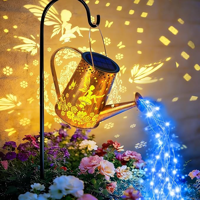 YJFWAL Solar Watering can with Lights, Unique Gifts for Mom Grandma Women Birthday, Waterproof Gardening Gifts Watering Can with Cascading Lights Outdoor Decor for Garden Patio Yard Pathway (Blue)