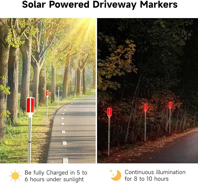 Joyibay 5 PCS Solar Powered Driveway Markers, Solar Warming Landscape Lights, Solar Outdoor Driveway Lights, Landscape Driveway Reflectors on Poles for Snow Road Yard (Red)