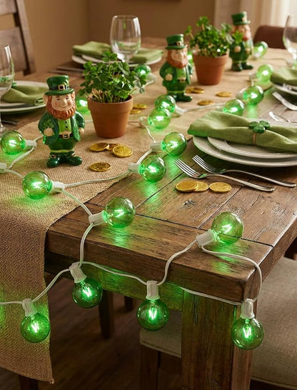 50Ft St. Patrick's Day G40 Outdoor String Lights, G40 Globe Patio String Lights Waterproof with 27 Green Incandescent Bulbs, Connectable Hanging Light for Backyard Porch Balcony St Patricks Day Decor