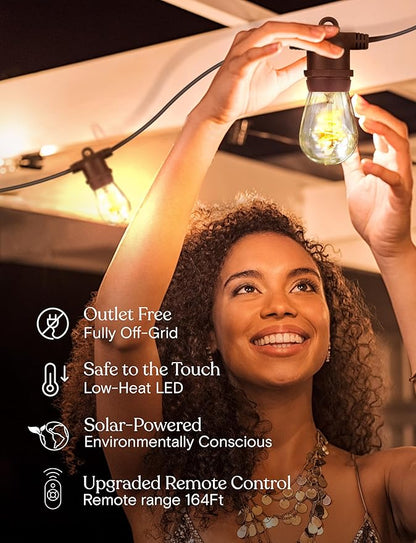 Brightech Ambience Pro Super Bright 48 Ft, 15 Bulbs Solar Power Remote Control Outdoor String Lights, Edison Spiral Shatterproof Bulbs, Commercial Grade LED, Waterproof Patio Lights, 4W Soft White