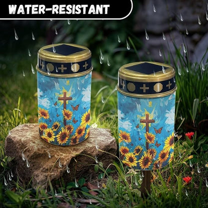 Sunflower Cross Solar Powered Garden Lights Outdoor Waterproof Solar Garden Lights Landscape Path Lights Led Candles Christianity Memorial Grave Light