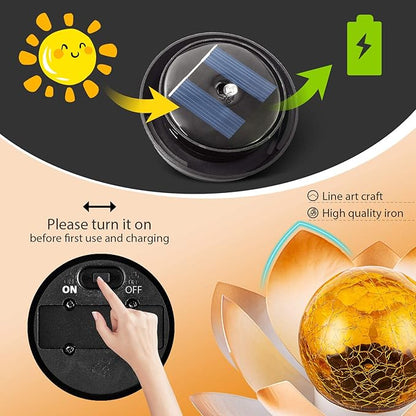 Garden Solar Lights Outdoor(2Pack), Amber Crackle Globe Glass Lotus Decoration, Waterproof Orange Metal LED Flower Lights for Patio,Lawn,Walkway,Tabletop,Ground, Garden Gifts for Women