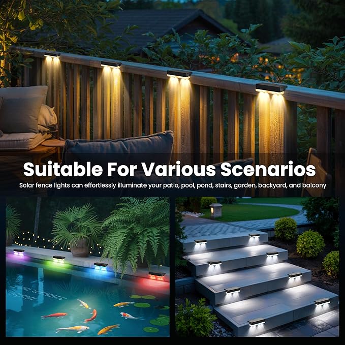 Solar Fence Lights Outdoor, 50 LM Solar Deck Lights 9 Fixed Colors & Color Changing Waterproof IP65 Step Light for | Lumora