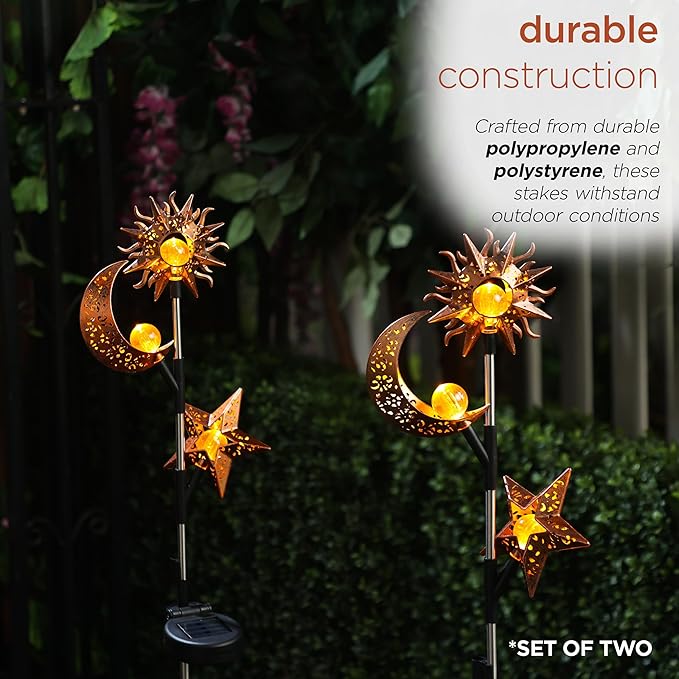 Alpine Corporation 38" Tall Solar Celestial Garden Stakes with Warm White LED Lights Sun, Moon and Star, Outdoor Decor - Set of 2