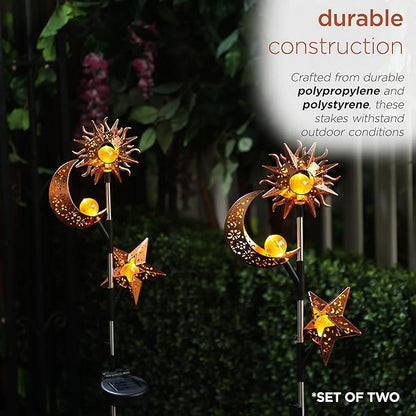 Alpine Corporation 38" Tall Solar Celestial Garden Stakes with Warm White LED Lights Sun, Moon and Star, Outdoor Decor - Set of 2