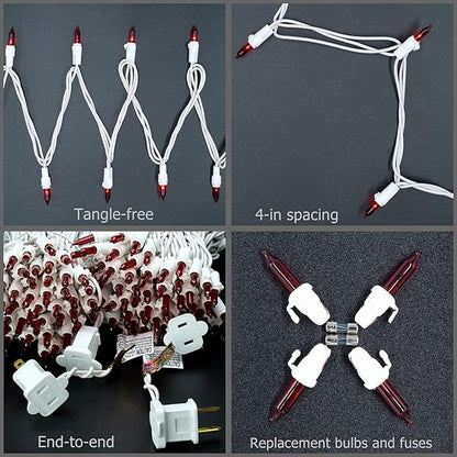 YULETIME 200 Red Christmas Lights, Pack of 2 Sets 33 Feet 100 Count UL Certified Incandescent String Lights (Red - White Wire)
