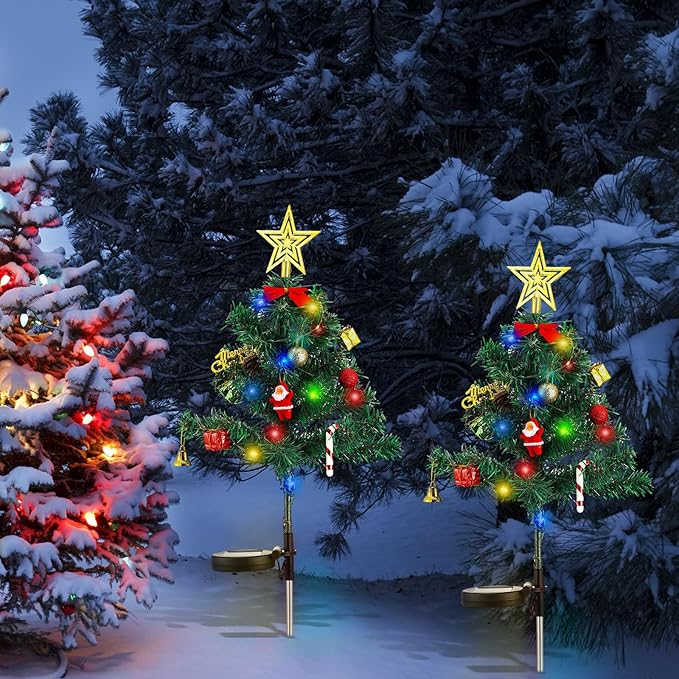 Baquler 2 Pcs Solar Christmas Tree Garden Stake Lights Outdoor Christmas Tree Yard Decorations Multicolor Solar Stakes for Pathway Lawn Patio Xmas Ornament(Novel Style)