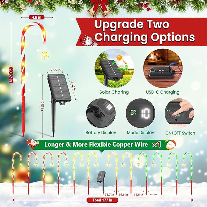 2025 Upgraded Christmas Decorations Outdoor Solar Candy Cane Lights, 10 Modes Waterproof Solar Christmas Pathway Lights with USB Charge, 28 FT 72 LEDs Outdoor Xmas Decor for Yard Lawn Porch Holiday