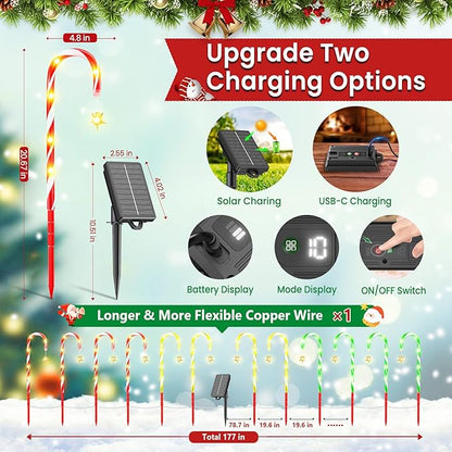 2025 Upgraded Christmas Decorations Outdoor Solar Candy Cane Lights, 10 Modes Waterproof Solar Christmas Pathway Lights with USB Charge, 28 FT 72 LEDs Outdoor Xmas Decor for Yard Lawn Porch Holiday