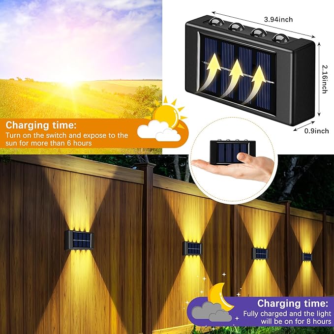 8 Pack Solar Wall Lights for Outside 3000K Warm Solar Fence Lights Up and Down Autumn LED Outdoor Decorative | Lumora