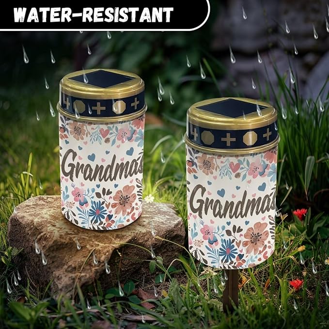Cemetery Solar Lights, Grandma Printed Solar Powered Garden Stake Lights, Multi-Color Decorative Lights for Cemetery Grave Yard Patio Outdoor Decoration Memorial