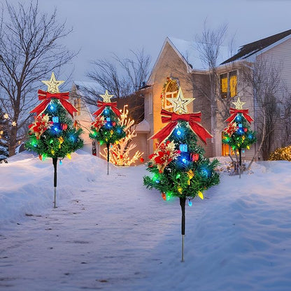 Solar Christmas Tree Pathway Lights Outdoor, Set of 4 Solar Christmas Tree, 80 Outdoor LEDs Xmas Pathway Lights, Garden Decor DIY Xmas Tree Gift (Multicolor)