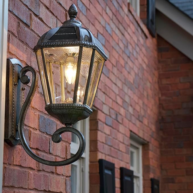 Gama Sonic Solar Outdoor Wall Light, Royal Bulb Exterior Sconce Lamp, Weathered Bronze Finish Aluminum, Rain Water | Lumora