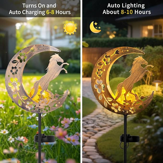 Horse Solar Lights Moon Garden Decor, Horse Gift for Women, Garden-Cracked Glass Ball Solar Lights, Unique Gift Ideas for Gardening Mom Grandma, Outdoor Decorations Patio Yard Lawn Backyard Decor