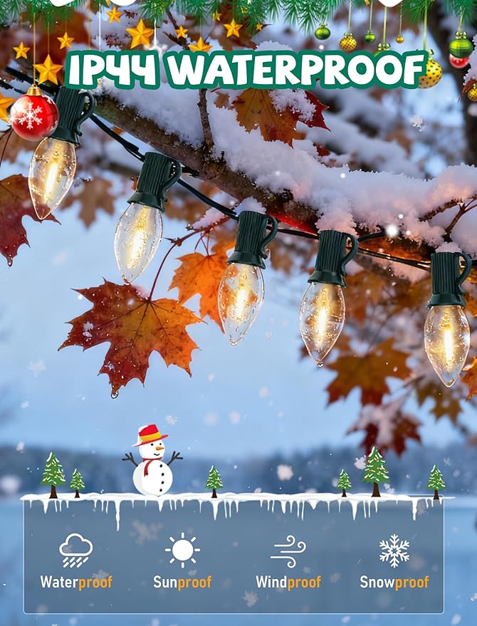 50Ft LED Christmas Outdoor String Lights, C7 Vintage String Lights with 27 0.6W Warm White Bulbs, Clear Christmas Lights for Holiday Party Backyard Wedding Garden Patio Porch Decor, Green Wire