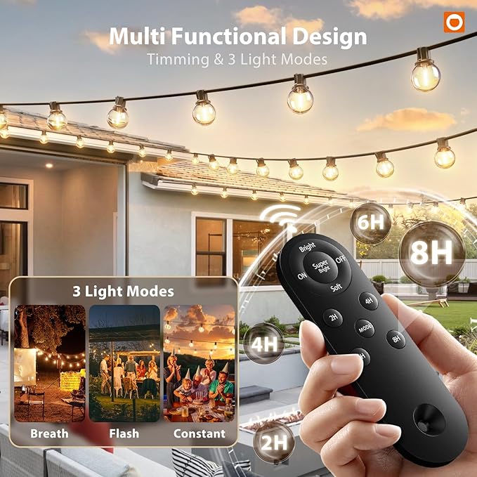 addlon 198FT(192+6) Solar String Lights Outdoor with Remote, 60+4 LED Shatterproof Bulbs, 3 Light Modes, Dimmable & Timable, G40 Waterproof Solar String Lights for Outside Patio Party Decor