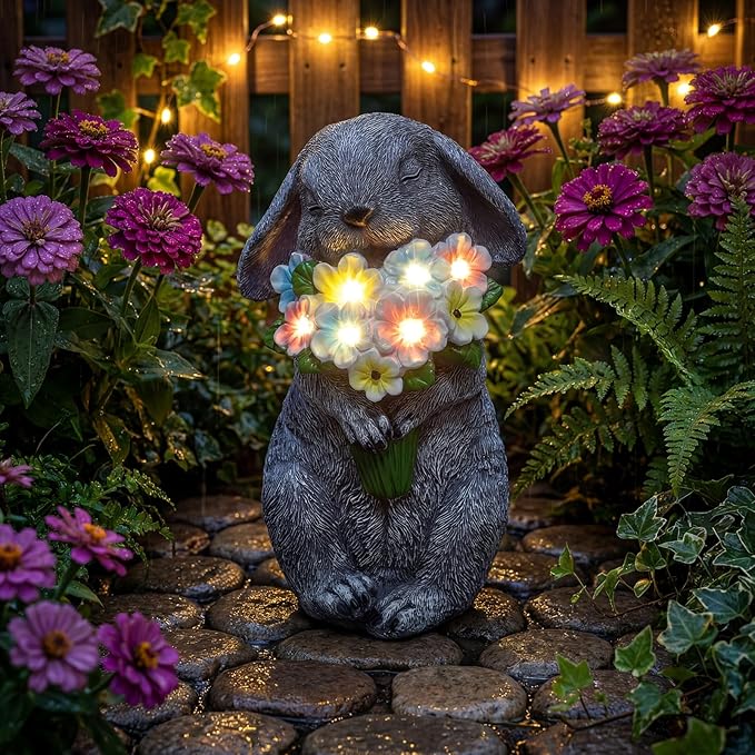 PETAFLOP Solar Powered Rabbit Garden Light, Easter Bunny Holding Flower with Warm White LED, Outdoor Decor for Yard, Pathway, Lawn, Patio, Balcony