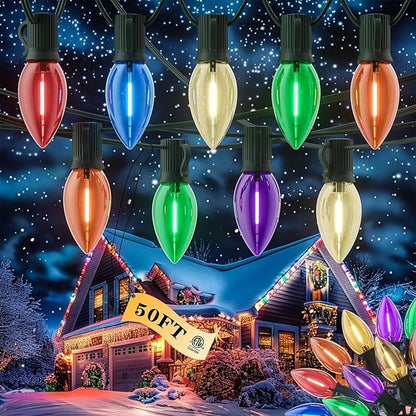Kawaya Outdoor Christmas LED Multi-Colored Clear Tree Lights - C9 50ft, 50 Bulbs Waterproof Decor for Outside Trees, House, Walkway & Pathways