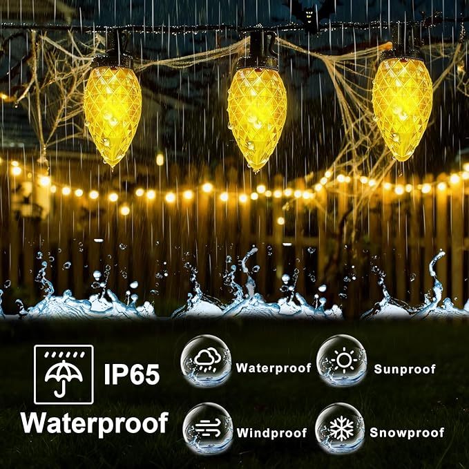 C9 Solar Powered LED Christmas String Lights 50 LED Waterproof Strawberry Light with 8 Mode Green Wire Lighting for Outside Patio Wedding Party Decor