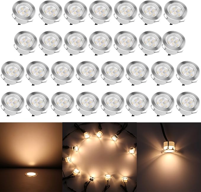 Led Deck Lights Outdoor Waterproof Low Voltage Stainless Steel 1W Outdoor Yard Garden Decoration Lamps Landscape Pathway Patio Step Stairs LED In-ground Lights Silver Border(30pcs,Warm White)
