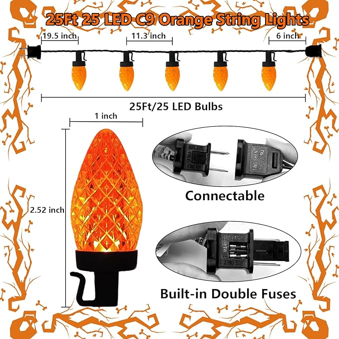 C9 Christmas Lights Outdoor, 25Ft C9 Christmas Lights 25 LED Orange Bulb Shatterproof Strawberry String Light, Plug in Halloween String Light for Indoor Outdoor Home Porch Fall Thanksgiving Xmas Decor