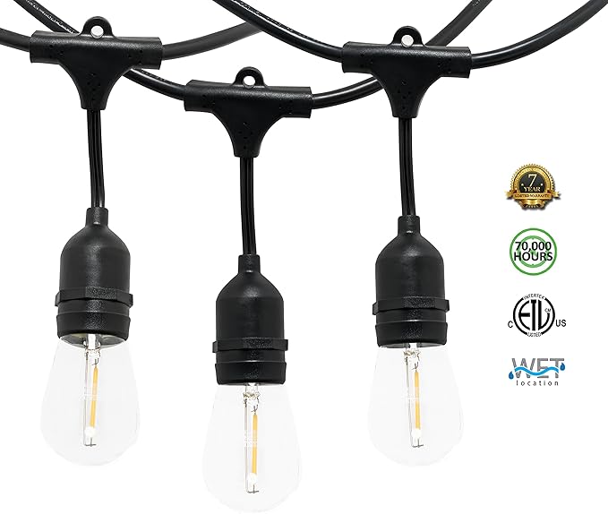 Westgate Lighting 24Ft Indoor/Outdoor Linkable LED String Lights, Commercial Grade with 12 Sockets & LED Bulbs – Bistro, Pergola, Deck, Patio, Market, Cafe, Gazebo, Party Decor
