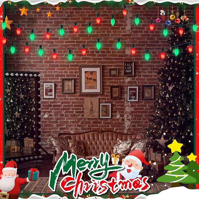 C7 Incandescent Christmas Lights, 25FT C7 White Red and Green Christmas Lights with 27 5W Incandescent Light Bulbs for Xmas Tree Fence Holiday Party House Night Decoration